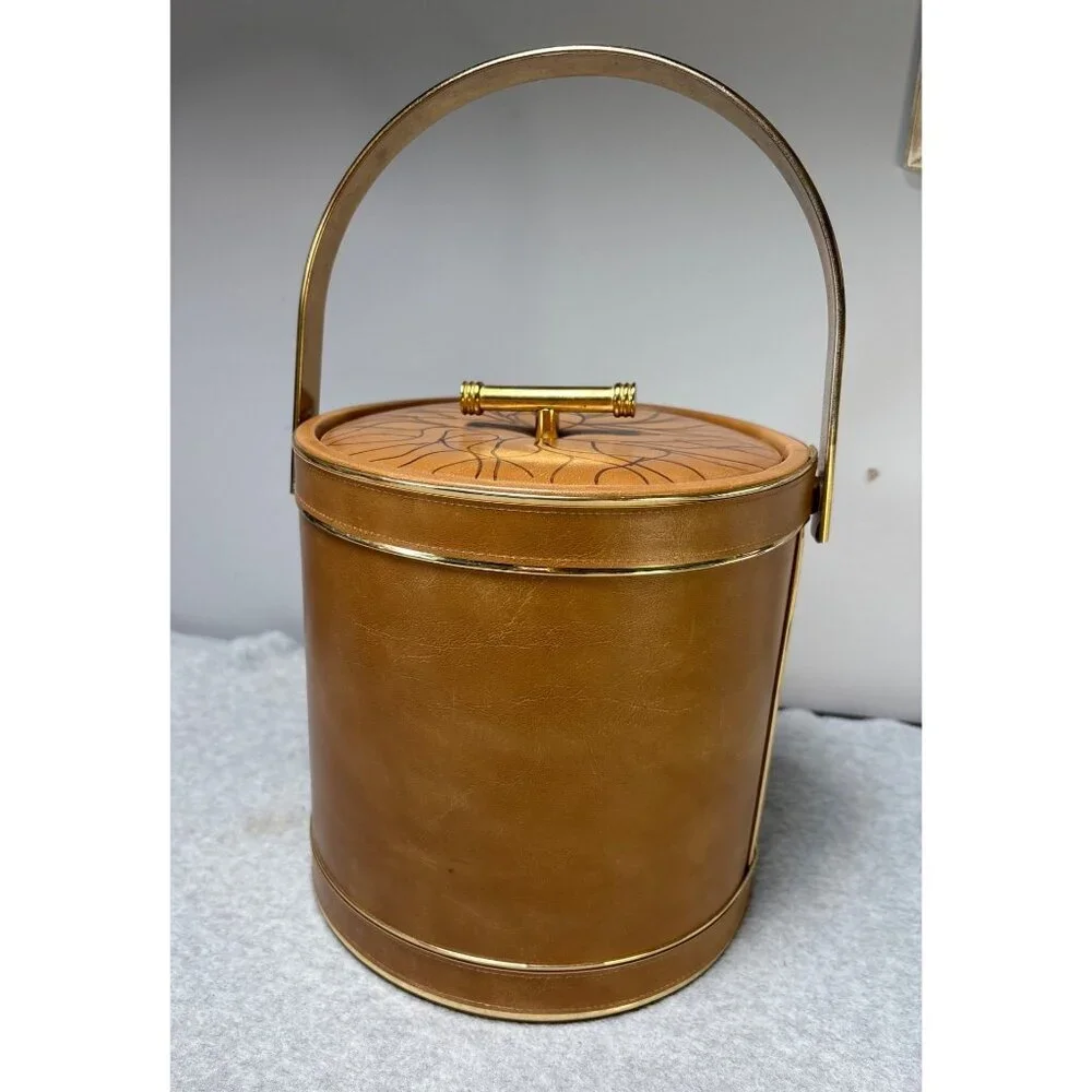 Vintage Faux Leather & Gold Ice Bucket with Handle & Lid Floral Design Top Mid-C